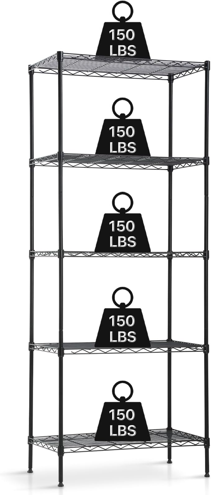 Storage Shelves Heavy Duty Metal Shelving Unit with Leveling Feet, 5 Tier Adjustable Garage Storage Rack, 750 LBS, Utility Metal Shelves for Pantry Kitchen Office (Black, 24" L x 14" W x60" H)