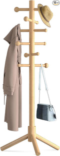 Wooden Coat Rack Freestanding with 12 Hooks 3 Adjustable Heights，Standing Coat Rack Tree for Hat and Coat Rack for Small Spaces Entryway,Office,Bedroom,Natural