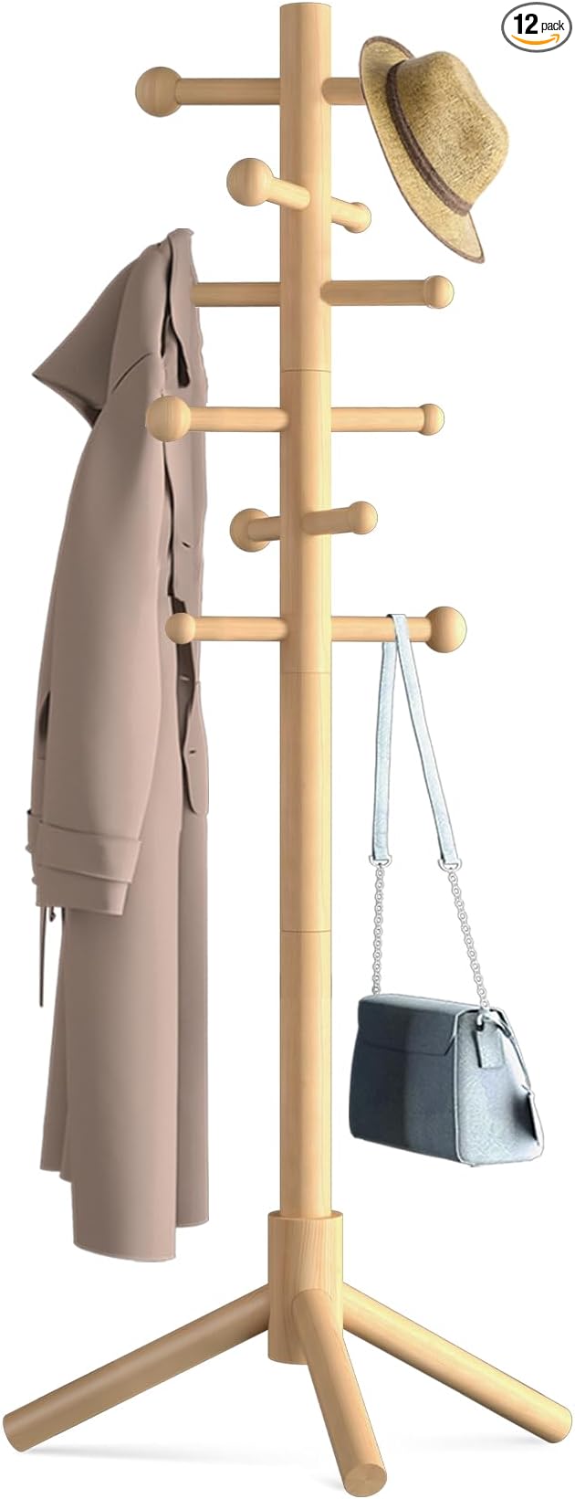 Wooden Coat Rack Freestanding with 12 Hooks 3 Adjustable Heights，Standing Coat Rack Tree for Hat and Coat Rack for Small Spaces Entryway,Office,Bedroom,Natural