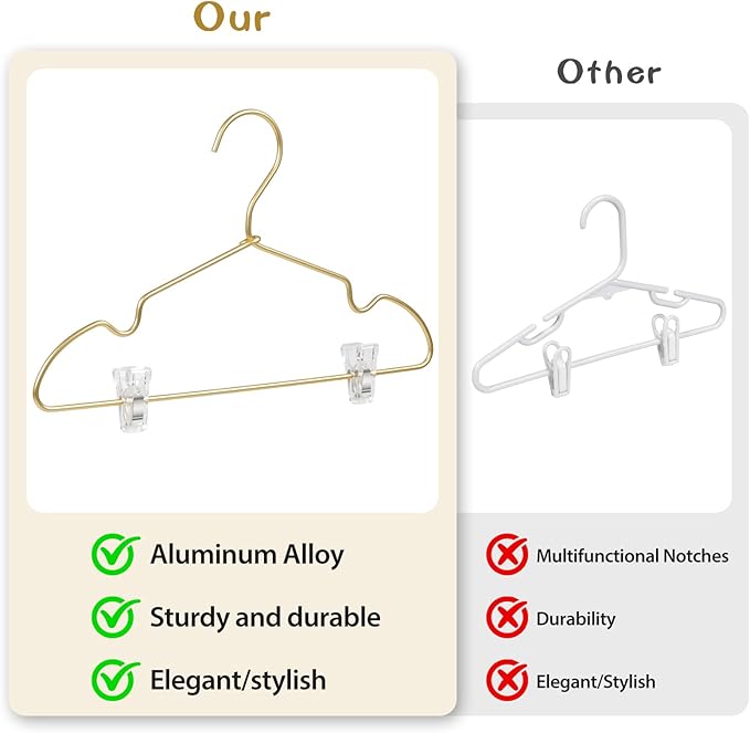 VWV Aluminum Clothes Hangers - with Adjustable Clips, 12.6 inches Long, 6.89 inches high, Suitable for Children's and Baby Clothes, 20-Pack Gold Hangers.