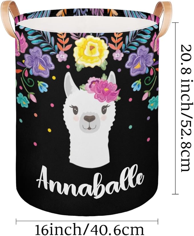 Personalized Laundry Basket, Custom Gift Laundry Hamper, Collapsible Nursery Waterproof Laundry Baskets, Dirty Clothes Toy Hamper with Handles Llama Colorful Floral