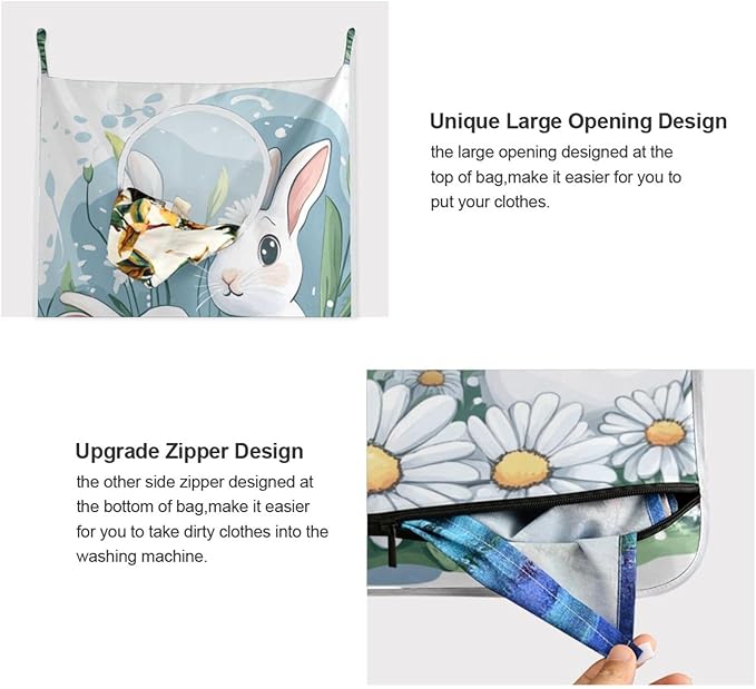 Hanging Laundry Hamper Over the Door with Stainless Steel Hooks Rack Dirty Clothes Wall Mounted Hamper Basket Bag 29.5X20inch Blue and White Easter Bunny Daisy