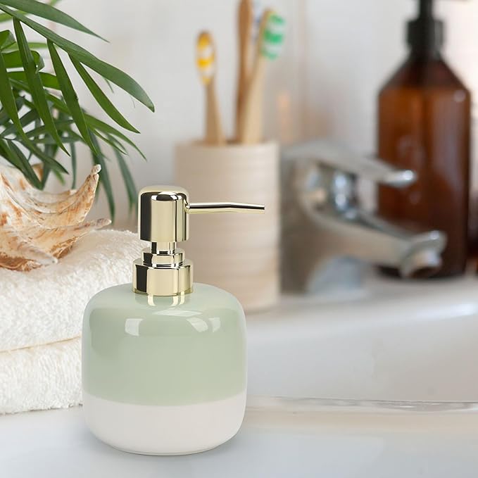 Ceramic Soap Dispenser Green and White Two Color Splicing with Gold Pump,Simple Design Cylindrical Lotion Dispenser Bottle,Refillable Liquid for Kitchen,Bathroom,Washroom