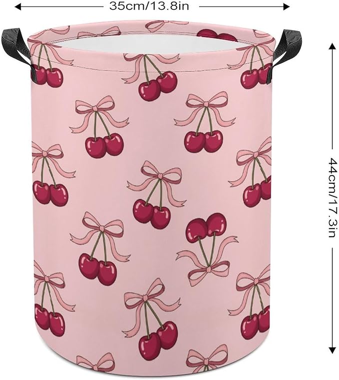 Pink Laundry Basket Cherry Decor Bow Laundry Hamper Clothes Toy Storage Bin for Bedroom Bathroom