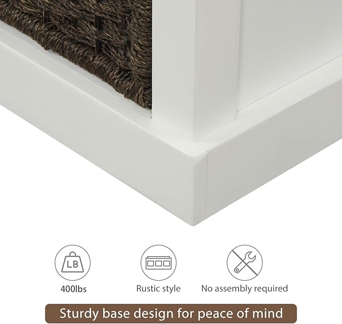 Merax Rustic Shoe Storage Bench with 3 Removable Rattan Basket Entryway Bench with Seat Cushion Multipurpose White