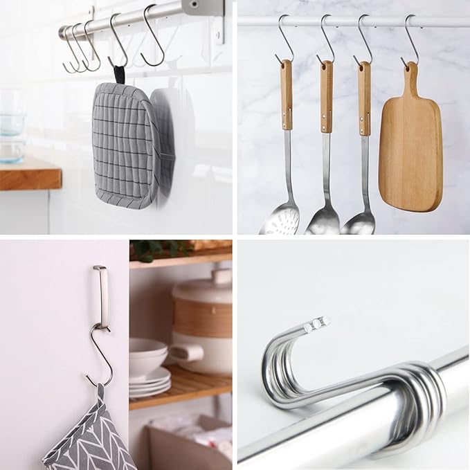 100-Pack Stainless Steel S Hooks - Heavy Duty, Reusable, Modern/Minimalist Design, Perfect for Kitchen, Closet, Bathroom, Rack, Shelf, Holder, Garment, Coat, Towel, Plant, Tool