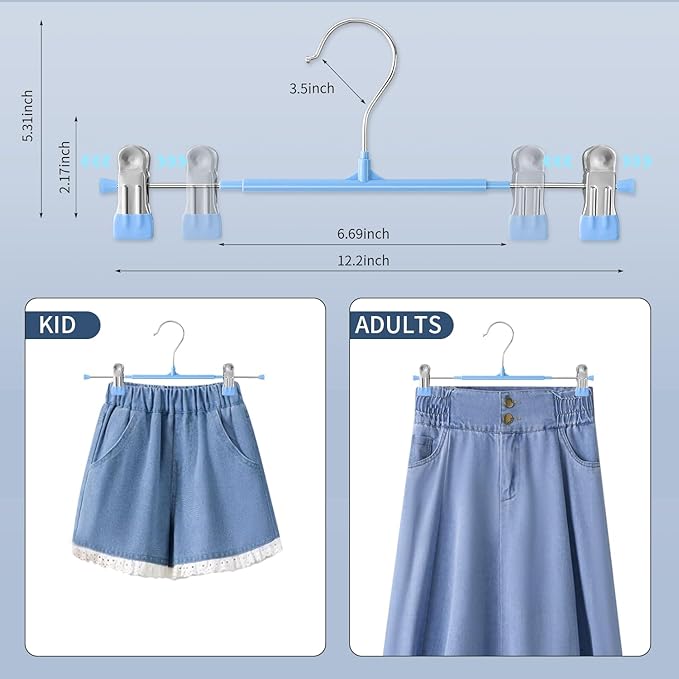 Pants Hangers with Clips 10PACK Adjustable Skirt Hangers for Women Metal Non-Slip Trousers Hanger Heavy Duty Space Saving Clothes Hanger for Shorts,Jeans,12Inch Sky Blue