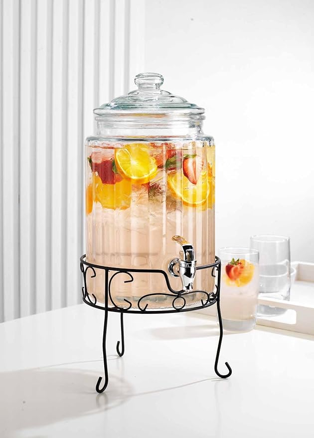 MosJos 2 PACK 1.5 Gallon Drink dispenser, Glass Beverage Dispenser With Elegant Stand Stand, Drink Dispensers for Parties With Spigot 100% Leakproof. Perfect For Parties And Daily Use