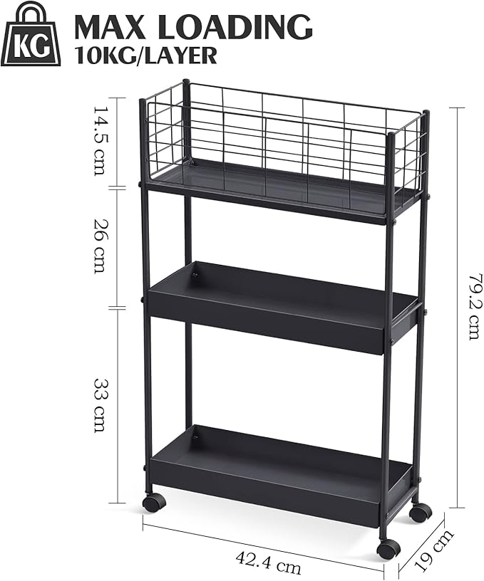 APEXCHASER Slim Storage Cart,3-Tier Metal Utility Rolling Cart with Wheels,Slide Out Storage Cart,Small Rolling Trolley Kitchen Cart,Black Cart for Bathroom Laundry Room Office Narrow Place,Black