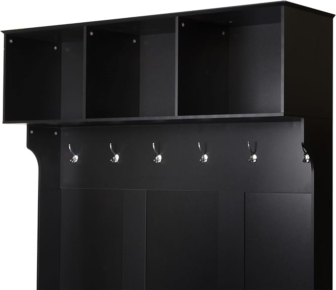 57''W Hall Tree with 6 Hooks and Storage Bench, 3-in-1 Design Wood Entrance Organizer, Entryway Coat Hanger with Open Compartments and A Spacious Drawer for Living Room Hallway (Black-2.9)