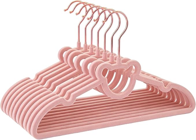 30 Pack Pink Velvet Kids Clothes Hangers - 12.6in for Ages 4-10, with Cute Bear, Rotating Rose Gold Hook, Non-Slip, Space-Saving Slim Felt Hangers for Toddler Coats, Jackets, Dresses