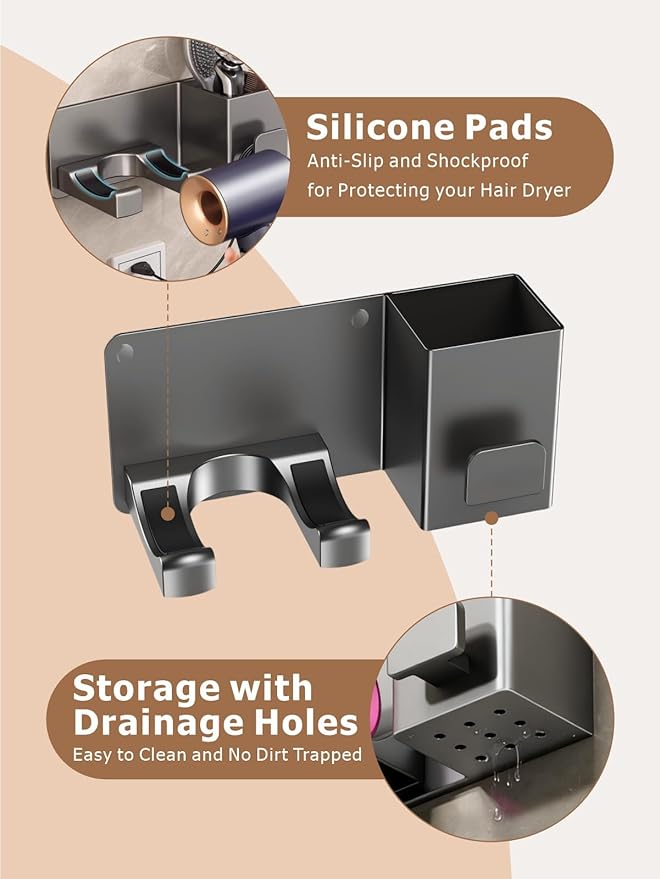 Hair Dryer Holder Wall Mounted with Tool Organizer, Blow Dryer Holder Compatible With Dyson/Shark, Hair Dryer Hanger Adhesive/Screw Mount for Bathroom, Vanity, Bedroom - Mg-Al Alloy, Gray