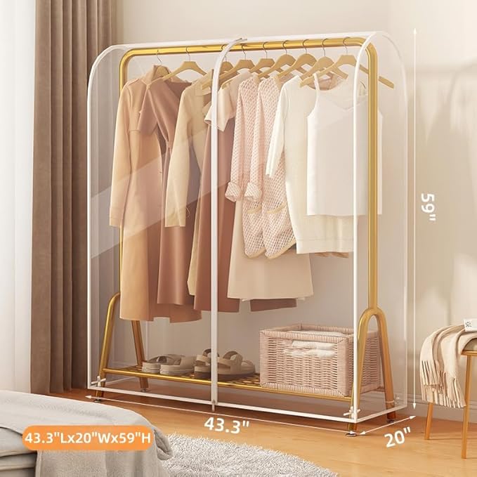 Clear Garment Rack Cover, Transparent Clothes Rack Cover with 2 Smooth Zipper, Dustproof and Waterproof Clothing Protector (XS:43.3''L x 20''W x 59''H)