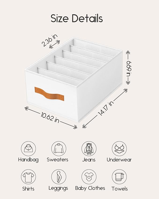 Purse Organizer for Closet, Fabric Handbag Storage Organizer with Handles, Foldable Bag Organizer Drawer for Flat Handbags, Clothes, Towels or Pants, Closet Storage Organizer, White, 6 Pack
