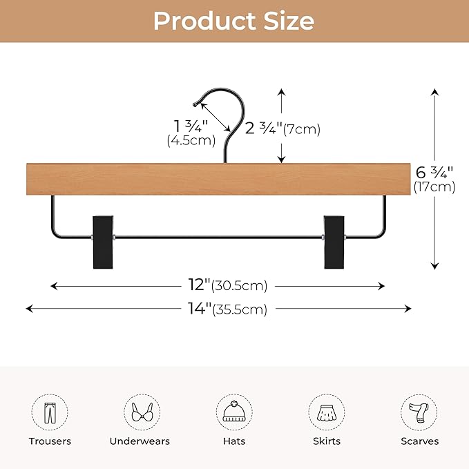 StorageWorks Pants Hangers with Clips, Wooden Clothes Hanger for Skirts, Jeans, Shorts, 10 Pack Black Pant Hangers