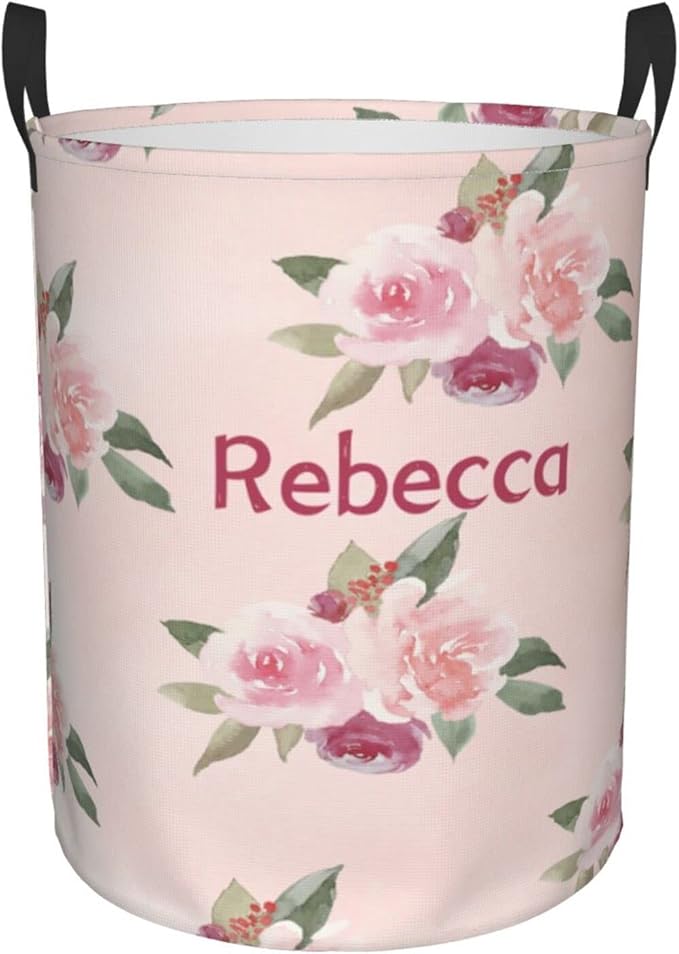 Pink Floral Pattern Customized Laundry Basket with Name Collapsible Waterproof Organizer Bin Laundry Hamper with Handle for Clothes Toys Bedroom.
