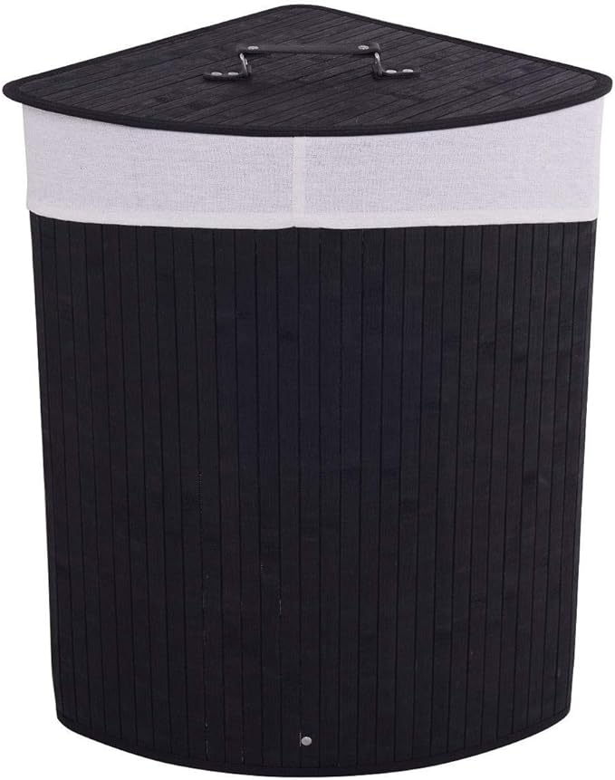 GOFLAME Corner Bamboo Laundry Hamper with Lid and Removable Liner, Washing Clothes Basket Storage Bin with Handle, Suitable for Bedroom, Bathroom, Laundry (Black)