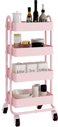 4-Tier Pink Rolling Cart,Metal Utility Rolling Cart with Handle,Multifunction Rolling Carts with Wheels,Kitchen Storage Carts Suitable for Office,Home,Kitchen,Garden（13.4"x18.1"x40"） Pink