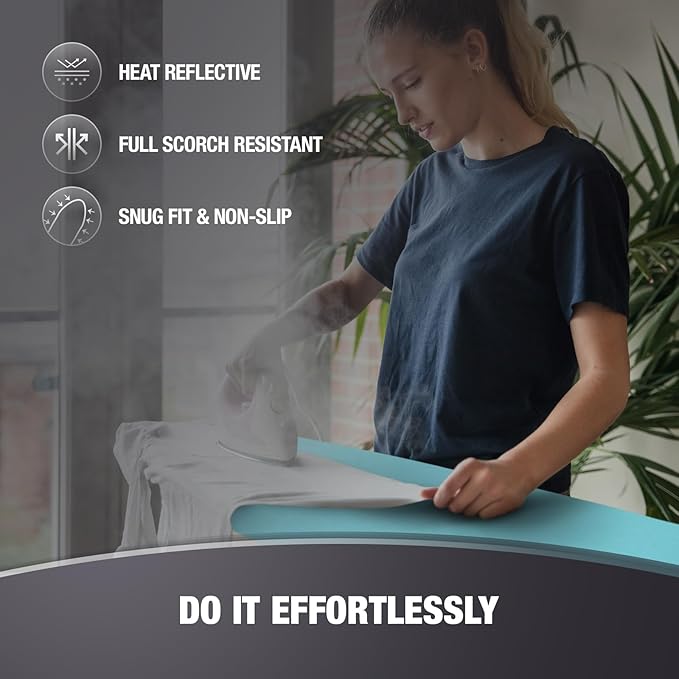 Extra Thick Ironing Board Covers with Pad Standard Size 15x54, Heat Reflective Full Scorch Resistant Padding, Snug Fit Non-Slip Nose Pocket Fastener Straps Elastic Edges, Turquoise