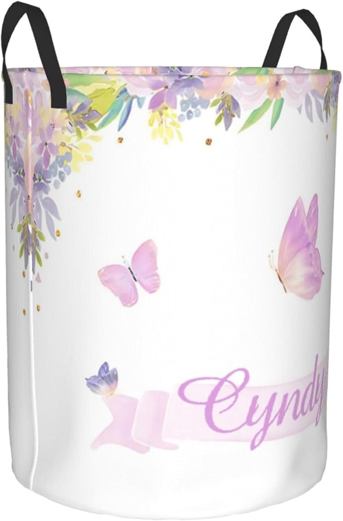 Personalized Laundry Basket for Nursery, Custom Nursery Laundry Hamper with Name, Customize Baby Clothes Circular Hamper for Boys Girls Room Decor, Butterfly Floral