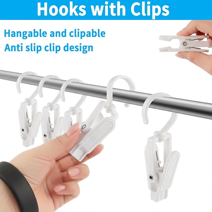 VinBee 20 PCS Laundry Hooks with Clips Super Strong Plastic Home Travel Swivel Hanging Hanger Closet Organizer Clamps Socks Boot Bras Towels for Bathroom Wardrobe Kitchen Office - 4.3 Inches (White)