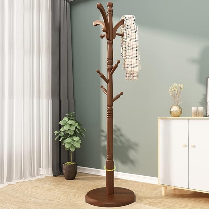 Wooden Tree Coat Rack Stand, 10 Hooks, 3 Adjustable Sizes Free Standing Coat Rack, Hallway/Entryway Coat Hanger Stand for Clothes, Suits, Accessories, Easy Assembly (Color : Walnut, Size : B)