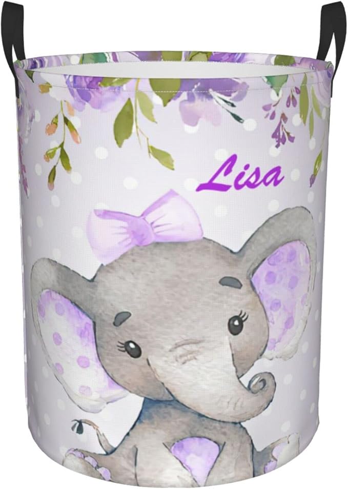 Purple Flower Pretty Elephant Personalized Laundry Hamper Custom with Name Collapsible Waterproof Storage Basket with Handles for Bedroom Clothes Toys.