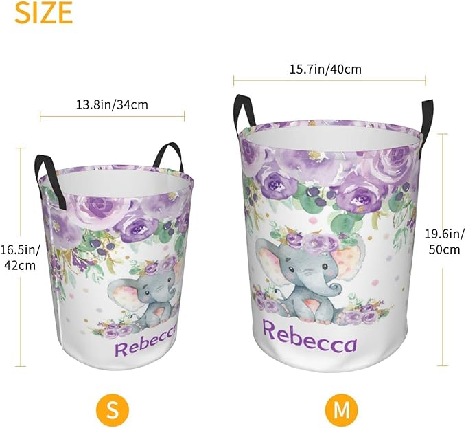 Purple Floral Elephant Personalized Laundry Hamper Custom with Name Collapsible Waterproof Storage Basket with Handles for Bedroom Decor Gift.