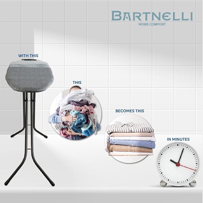 Bartnelli by Rorets Classic Ironing Board with New Patent EZ-Glide Technology, Made in Europe, Premium Iron Board with Iron Rest, 4 Layer Cover, 13x43 Surface, Height Adjustable to 36", 4 Steel Legs