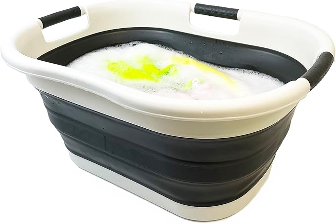 SAMMART 40L (10.5 gallon) Collapsible Plastic Laundry Basket - Foldable Pop Up Storage Container/Organizer - Portable Washing Tub - Space Saving Hamper/Basket (1, Warm Grey/Black)