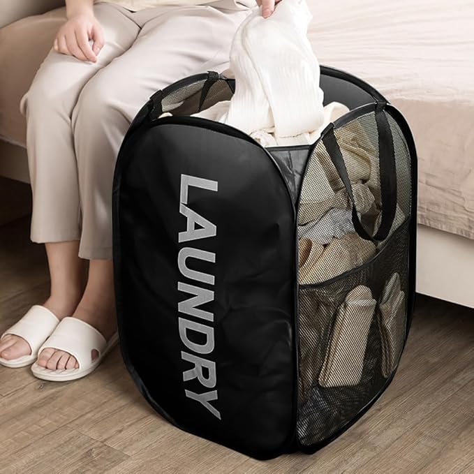 Larpur Pop Up Laundry Baskets, 2 Pack Mesh Laundry Hampers Collapsible Clothes Hampers for Home, Dorm, Travel (Black + Blue)