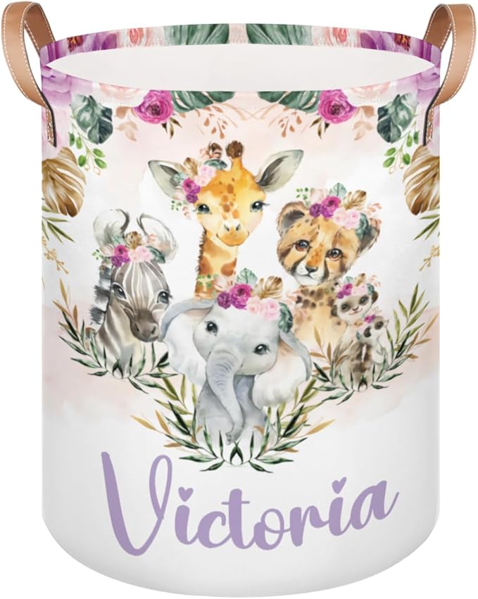 Personalized Laundry Basket, Custom Gift Laundry Hamper, Collapsible Nursery Waterproof Laundry Baskets, Dirty Clothes Toy Hamper with Handles Boho Jungle Animals
