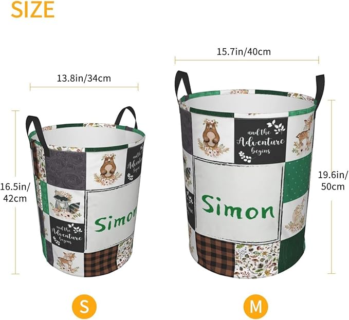 Greenery Woodland Animals Personalized Laundry Hamper Custom with Name Collapsible Waterproof Storage Basket with Handles for Bedroom Clothes Toys.