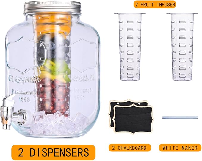 Eleganttime 1 Gallon Glass Drink Dispensers for Parties,2 Pack Beverage Dispenser with Fruit Infuser,Laundry Detergent Dispenser Punch Bowls Water Juice dispensers with Easy Flow Spigot for Outdoor