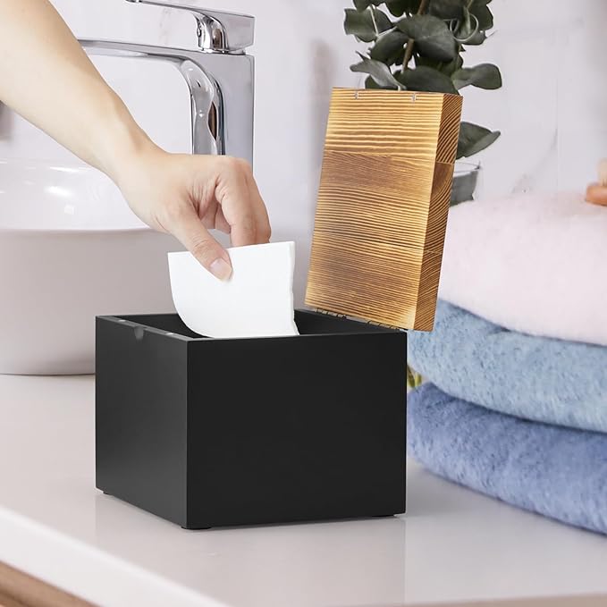 Disposable Face Towel Holder, Wooden Box Compatible with Clean Towels XL(NOT Included), Black Container for Cleansing Facial Dry Wipes, Face Towelettes Bathroom Counter Storage
