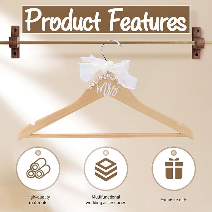 Wooden Mrs. Bride Hanger for Wedding Dress, Elegant Bridal Hanger with Ribbon Bow Tie & Pearls for Gift Shower Party Suit Gowns Keepsake 38 cm (Beige)