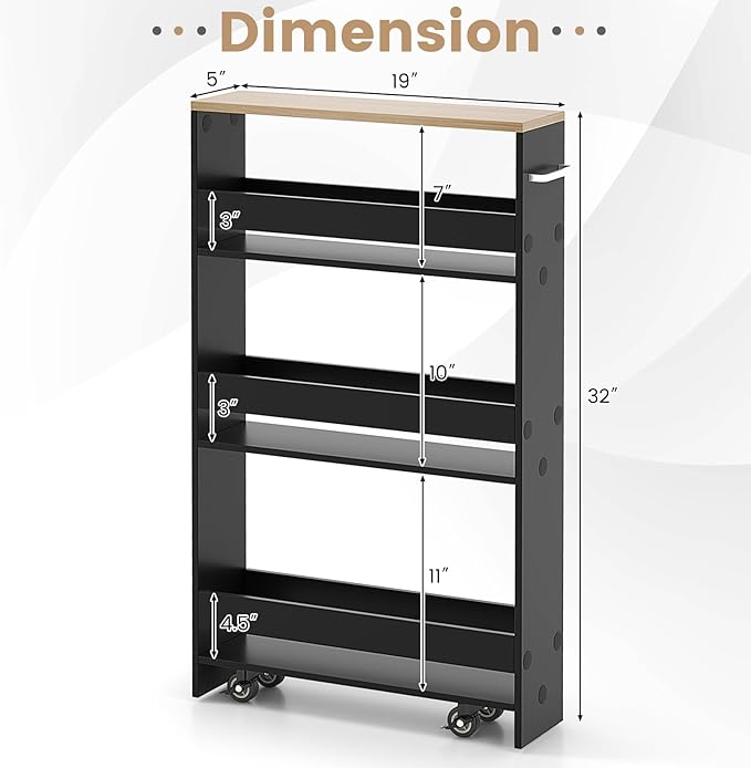 4-Tier Slim Rolling Storage Cart, Wooden Kitchen Utility Cart with Wheels & Handle, Space Saving Trolley, Slide Out Shelving Unit for Narrow Spaces, Laundry, Bathroom (Black + Natural)