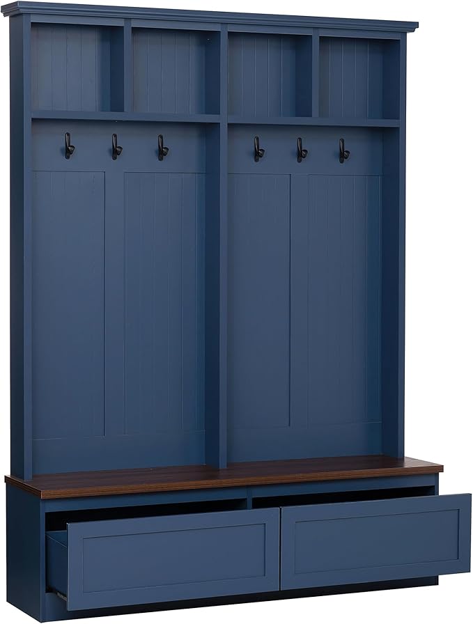 Hall Tree with Storage Bench, Farmhouse 4-in-1 Hall Tree with Wood Grain Bench, 2 Large Drawers, 6 Black Hooks, 4 Storage Compartments, Mudroom Versatile Coat Rack for Hallway, Living Room