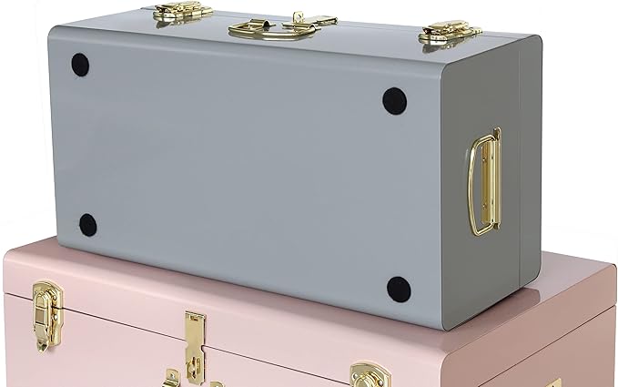 Vixdonos Decorative Metal Box Storage Trunks Set of 2 College Dorm Chest with Lock Hole,23.7X14.2X9.5 Inches(Grey and Pink)