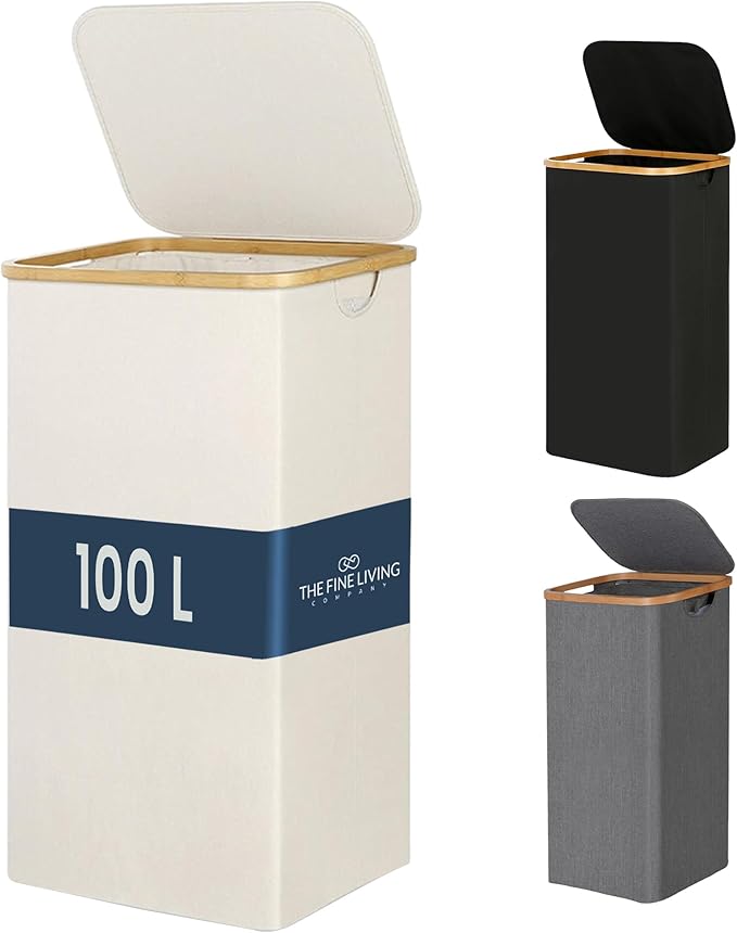 Fine Living 100L Large Laundry Hamper with Lid, Narrow Foldable Slim Laundry Basket with Bamboo Handles, Skinny Tall Dirty Clothes Hamper for Dorm, Bathroom & Bedroom, Ivory