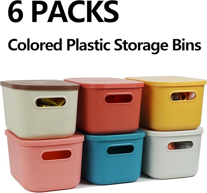 6Pcs Small Storage Bins with Lids, Stackable Plastic Organizer Bin Storage Containers for Organizing, Shelf Baskets for Pantry Cabinet Shelves Desktop Freezer Drawer Organization (6 Color, Small)