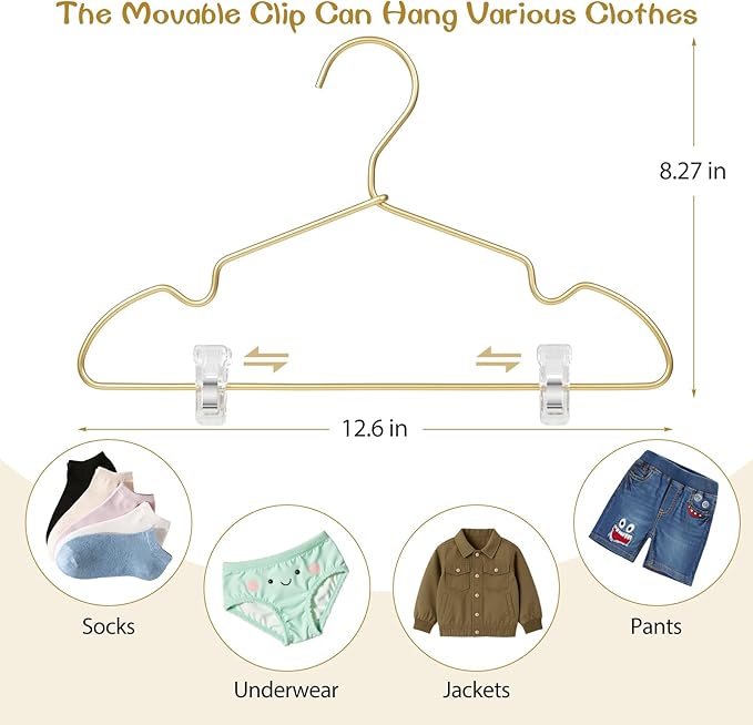 VWV Aluminum Clothes Hangers - with Adjustable Clips, 12.6 inches Long, 6.89 inches high, Suitable for Children's and Baby Clothes, 20-Pack Gold Hangers.