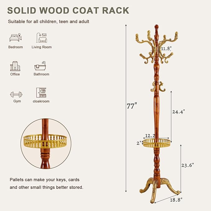 Wooden coat rack stand, Heavy duty coat racks tree freestanding with 11 Hooks and storage basket, Coat tree for jacket, Hats, Bags, Purses, clothes (Triangular base-Begonia 1)