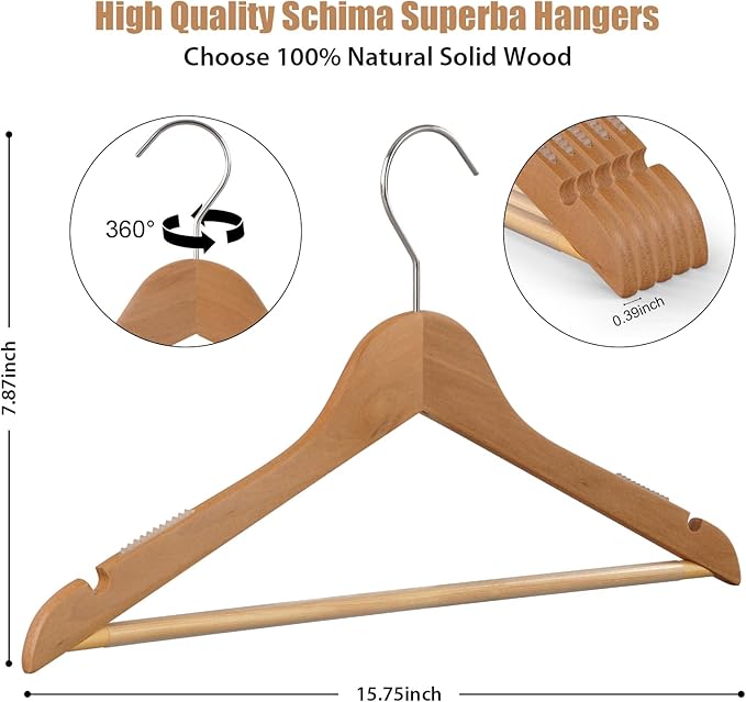 20-Pack Wooden Hangers, Schima superba Hanger, Natural Wood Suit Hangers with Non-Slip Trouser Bars, Hanger for Shirts, Jackets, Dresses, Wedding Dresses