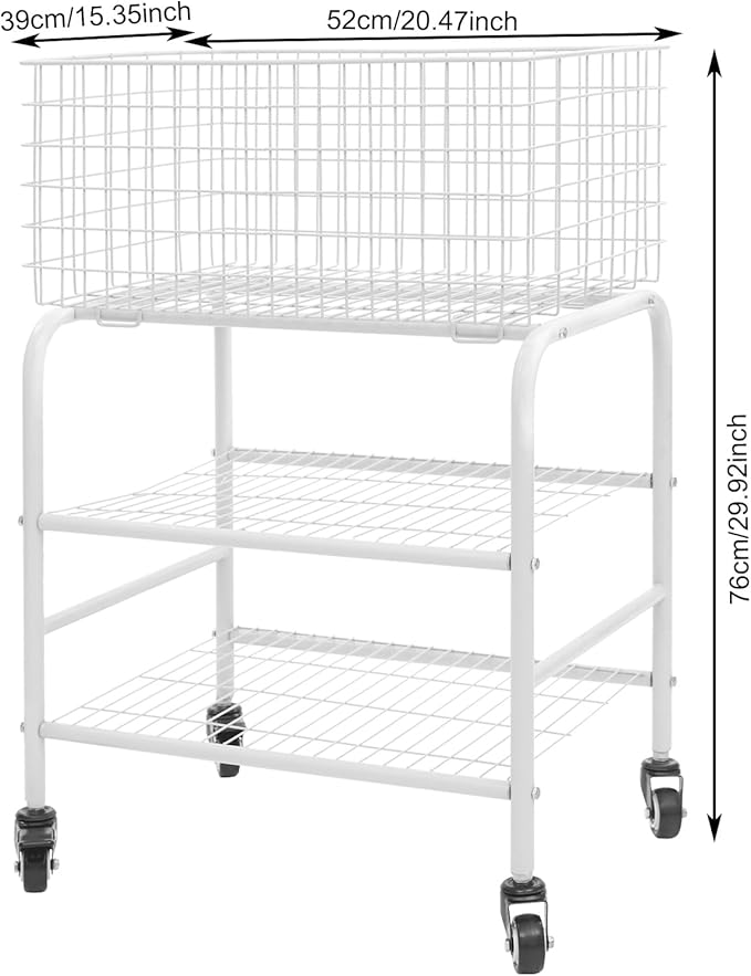 Rolling Laundry Basket on Wheels, 3-Tier Garment Storage Cart, Metal Wire Laundry Hamper Cart for Laundry Room, Bathroom, Bedroom (White)