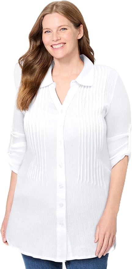 Woman Within Plus Size Pintucked Button Down Gauze Shirt