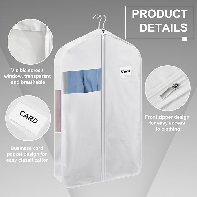 2 Pcs 100% Organic Cotton Garment Clothes Bag Short 40 Inch Breathable Proof Hanging Clothes Bag Covers with Viewing Window Card Pocket for Short Dresses Jackets Suits Organization