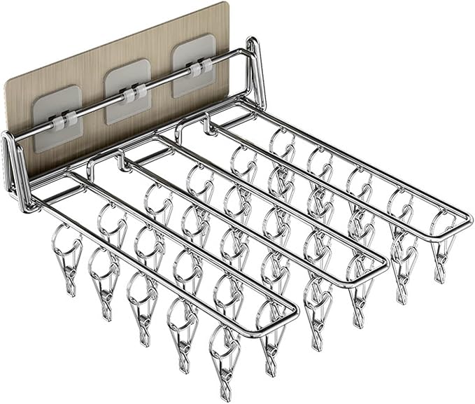 Wall Mounted Sock Clip Stainless Steel Folding Clothes Hanger Rack Space Saving Windproof Drying Rack Balcony Storage