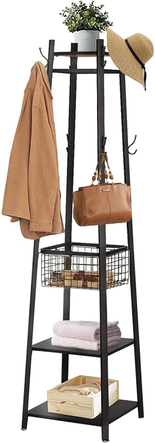 VECELO Coat Rack Freestanding,Hall Tree with Metal Basket and Storage Shelves,Industrial Coat Rack Stand with 8 Hooks for Hanging Coats/Hats/Bags/Umbrellas,18 x 18 x 72 In,Matte Black