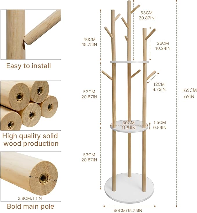 LIWSHWZ Solid Wood Coat Rack Freestanding,Coat Hanger Stand with 3 Shelves and 9 Hooks,Hall Tree for Bedroom, Entryway, Livingroom, Coat Hanger Stand for Coats, Scarves, Handbags